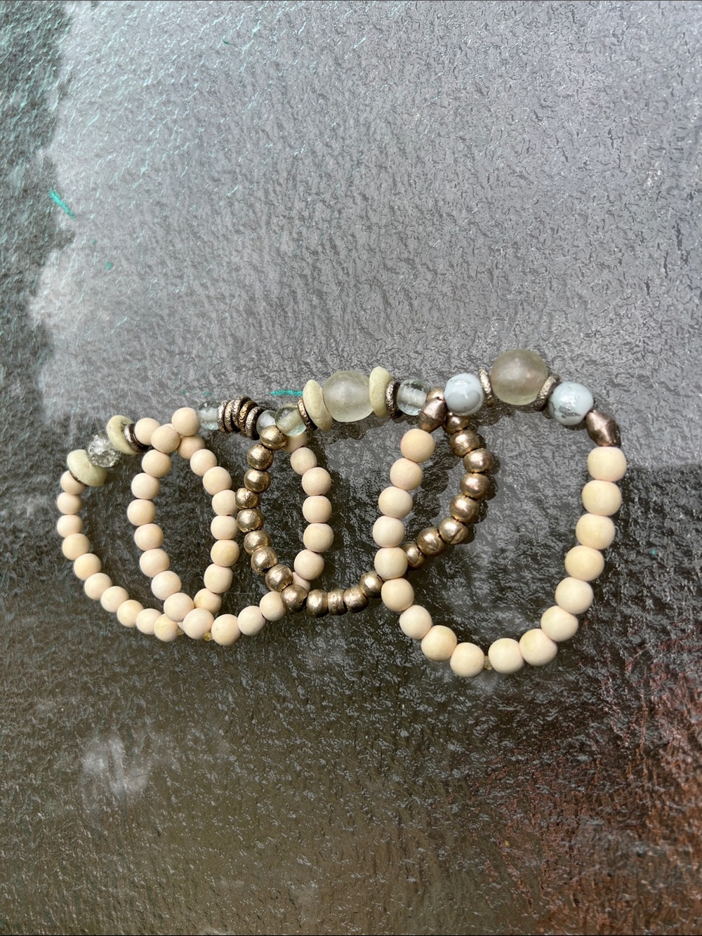 Neutral Cream & Metallic Gold Beaded Bracelet Set - 4 Piece
